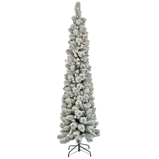 7ft. Pre-Lit Flocked Pencil Methow Artificial Christmas Tree, Clear LED Lights